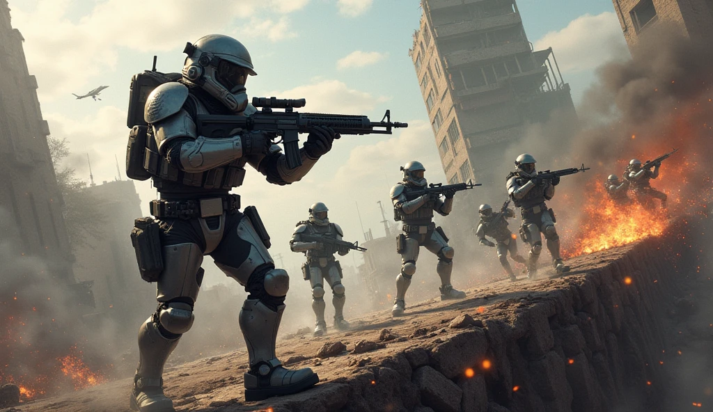 An oc trooper regiment with a totally original design fighting on a destroyed bridge while some die
