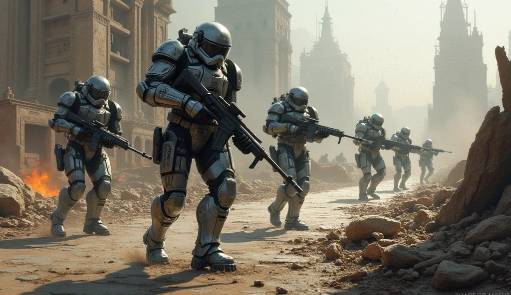 An oc trooper regiment with a totally original design fighting on a destroyed bridge while some die 