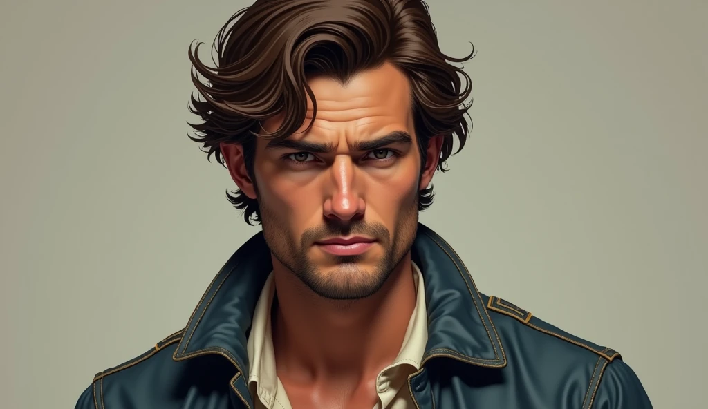 The young man, a rugged man with wavy brown hair and a determined expression, is dressed in a vintage navy-blue jacket over a cream shirt.