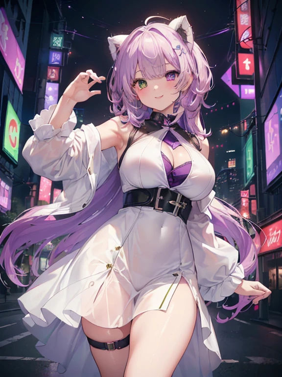 ((1girl)), (masterpiece, best quality), High resolution, Very detailed,4K,8k, ((Anatomically correct number of limbs),(Anatomically correct number of fingers)), ((seductive smile) ,(輝くネオンカラーの髪,フレームの外まで伸びる長い髪), ((A white dress with a strong sheen that looks like underwear),(Clothes with purple glitter lines)), (heterochromia,(red eye,green eye))), ((big breasts),beautiful breasts,curvy),((Late Night),Cyberpunk cityscape,Vibrant neon glow)