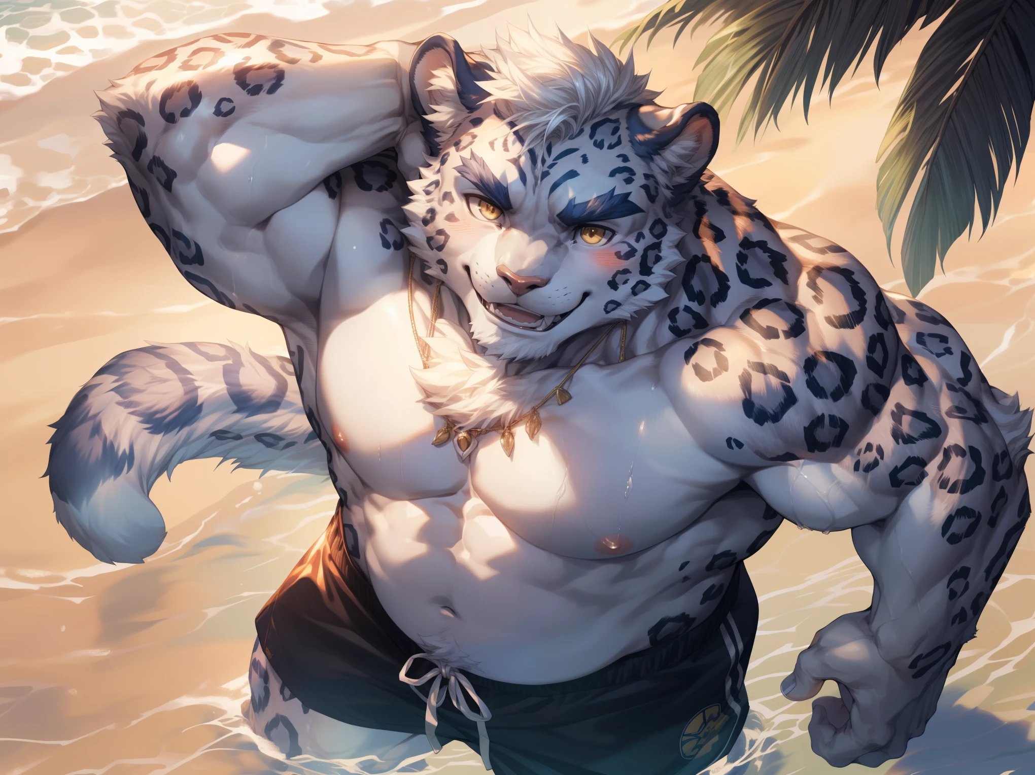 (By Empty Ghost, From thebigslick, By Dark Gem, Will chase), Keyuan Building (Onmyoji Daisenji Temple), High quality photos, Perfect anatomical structure, Anthropomorphic snow leopard, male, 30 years old, (snow leopard print), Thick eyebrows, short hair, White Teeth, Strong body, White pectoralis major, Gray purple stripes, Chubby figure, White swimming trunks, Small bump, Pink milk clusters, Standing on the beach, Looking up, Relax with your hands behind your head, Charming smile, blush, Golden pupils, Look up at the sky, Clear facial features, (Dynamic poses:1.5), Strong, solitary, (Top view:1.5), noon, sunny, Coconut Tree, Water waves, (By Empty Ghost, From snow leopard30, masterpiece, high quality, high resolution, 8k)