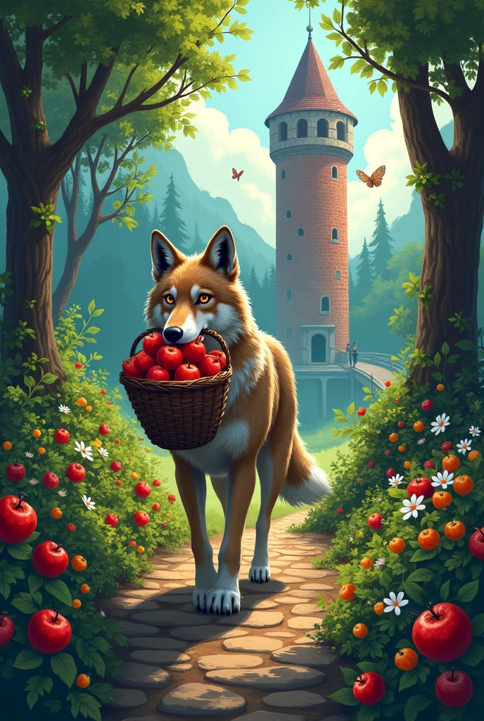 A tame wolf carrying a basket of apples in its mouth in a forest full of birds, flowers and butterflies, he is heading towards a tower made of bricks made of medieval stones, the scene has vibrant and very striking colors, comic book style.