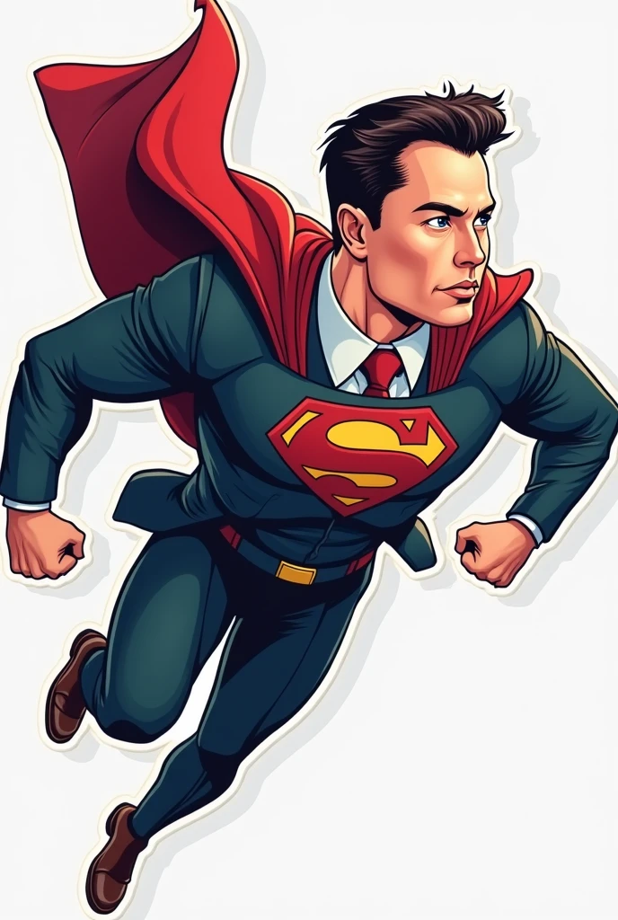 Vector image sticker art of Elon Musk in suit and tie as superman flying cartoonistic realistic face 