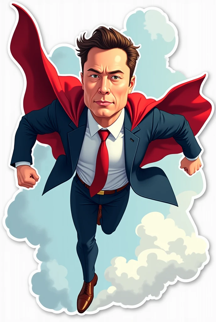 Vector image sticker art of Elon Musk in suit and tie as superman flying cartoonistic realistic face