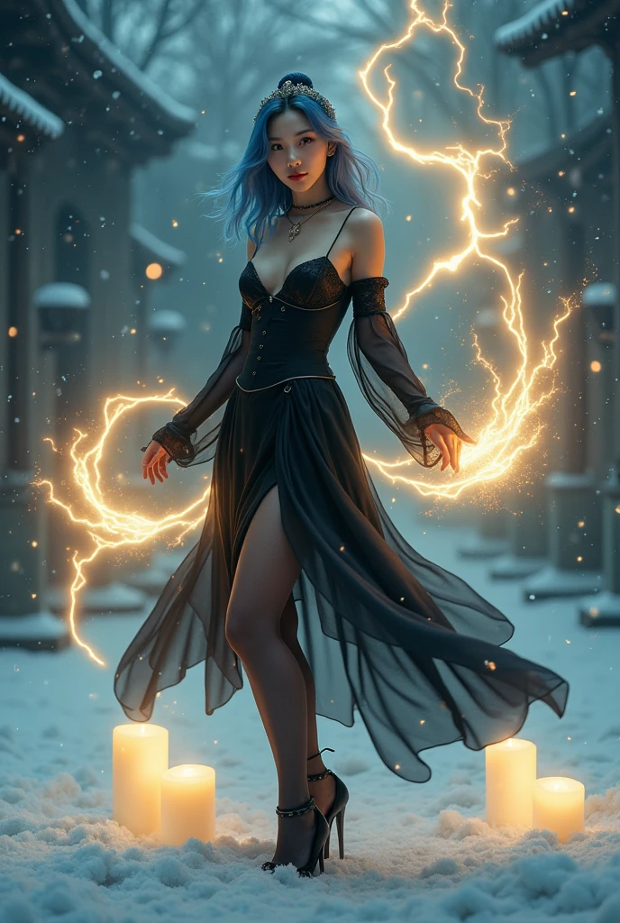 Virtual image, charm, Virtual Magic, Chinese woman, undercover, 1 woman, beautiful, charming, sexy, Medium bust, Blue-bronze hair, medium length hair, light blue eyes, red lips, tattoo, sexy, Black tight dress, tights, high-heels, full body, Suitable background, Real picture, Pose naturally, Candle floating in the air, A large amount of yellow lightning swirled around., Very realistic., Snow falling at night with white candles floating in the air