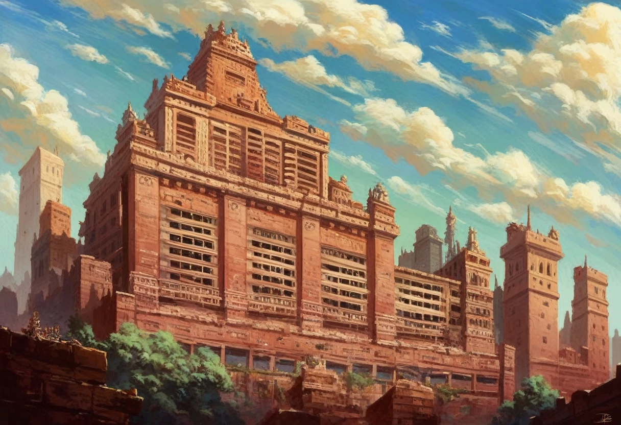 A painting of a person standing on top of a large brick tower, tower of Babel, Babel, the tower of Babel, bruegels the tower of Babel, ziggurat, Ancient megastructures: pyramids, Fortress huge structure city, Cities of ancient Persia, Giant Aztec Space City, library of Babel, Large and well-structured Valhalla City