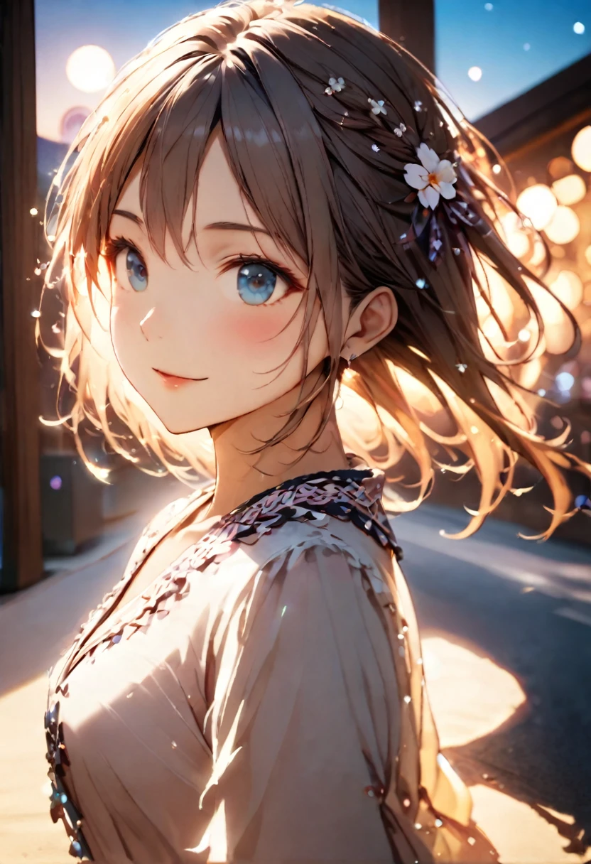 {{Highest quality}},Delicate illustration,Detailed depiction, masterpiece, Boho Eye Hinai Girl, Playful Themes, 
Raw photo of a girl wearing a long shirt。Decorative details and symbols are often used。, Brown hair gently fluttering in the wind,Clear blue eyes、A gentle smile、
Long-distance shots, High Key Light, Hard Shadows, Soft bokeh, Professional photography, A balanced deal, Balanced Exposure, 
