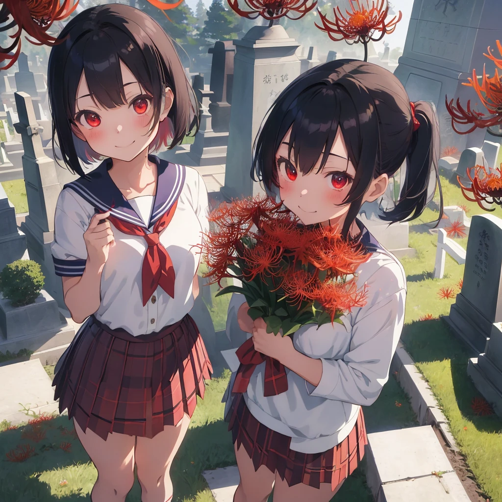 masterpiece、Bold, anime-style illustration、Dense painting、Creepy and cute、Cinematic lighting、Buddhist Cemetery、A high school girl visiting a grave、She holds a bouquet of red spider lilies in both hands、Invincible Smile、stylish、short hair、Short sailor suit、Tartan check mini skirt。