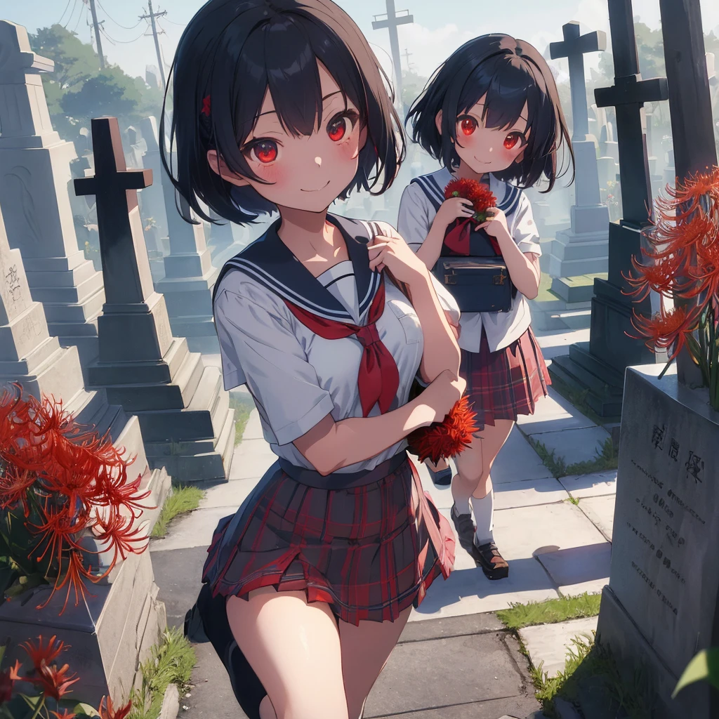 masterpiece、Bold, anime-style illustration、Dense painting、Creepy and cute、Cinematic lighting、Buddhist Cemetery、A high school girl visiting a grave、She holds a bouquet of red spider lilies in both hands、Invincible Smile、stylish、short hair、Short sailor suit、Tartan check mini skirt。