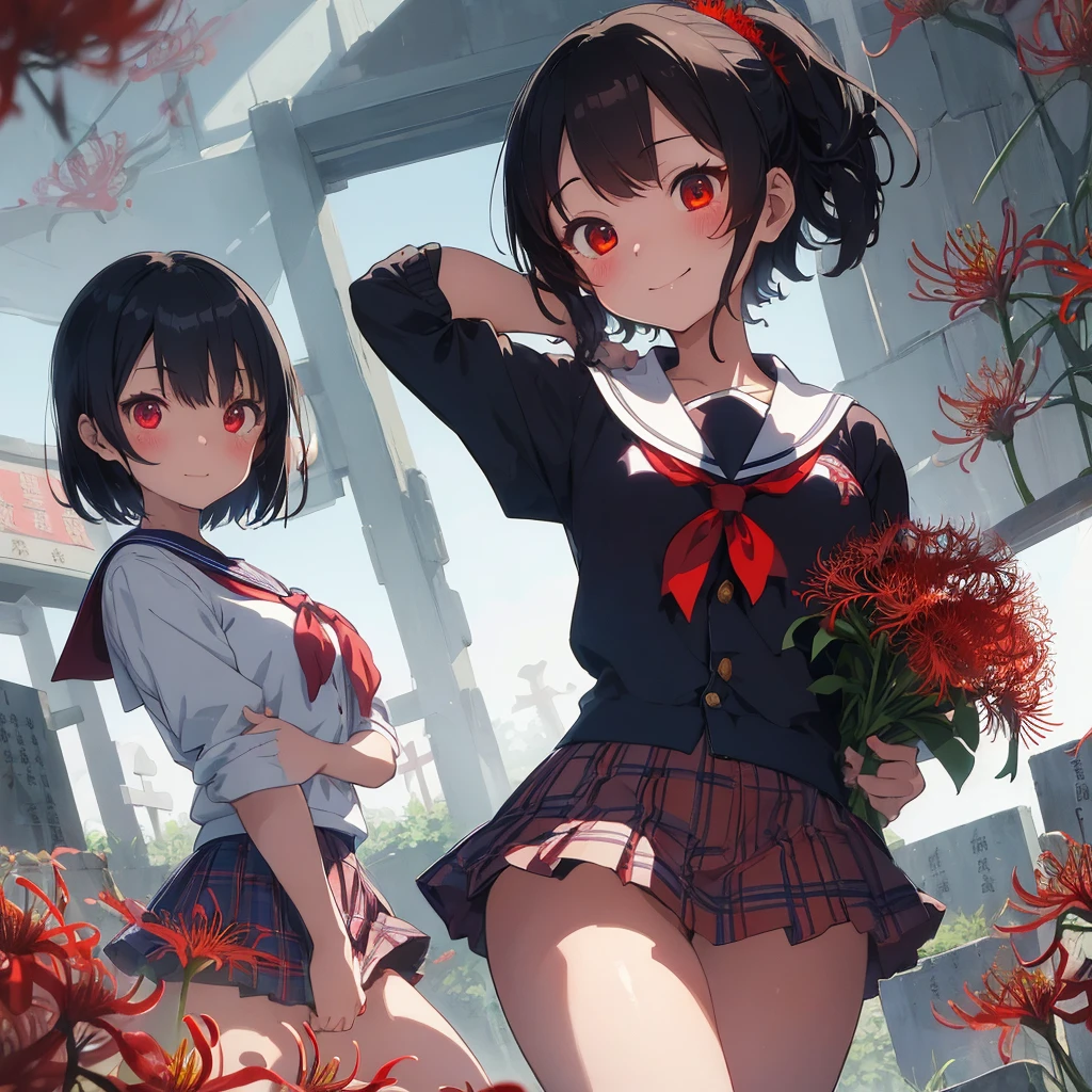 masterpiece、Bold, anime-style illustration、Dense painting、Creepy and cute、Cinematic lighting、Buddhist Cemetery、A high school girl visiting a grave、She holds a bouquet of red spider lilies in both hands、Invincible Smile、stylish、short hair、Short sailor suit、Tartan check mini skirt。