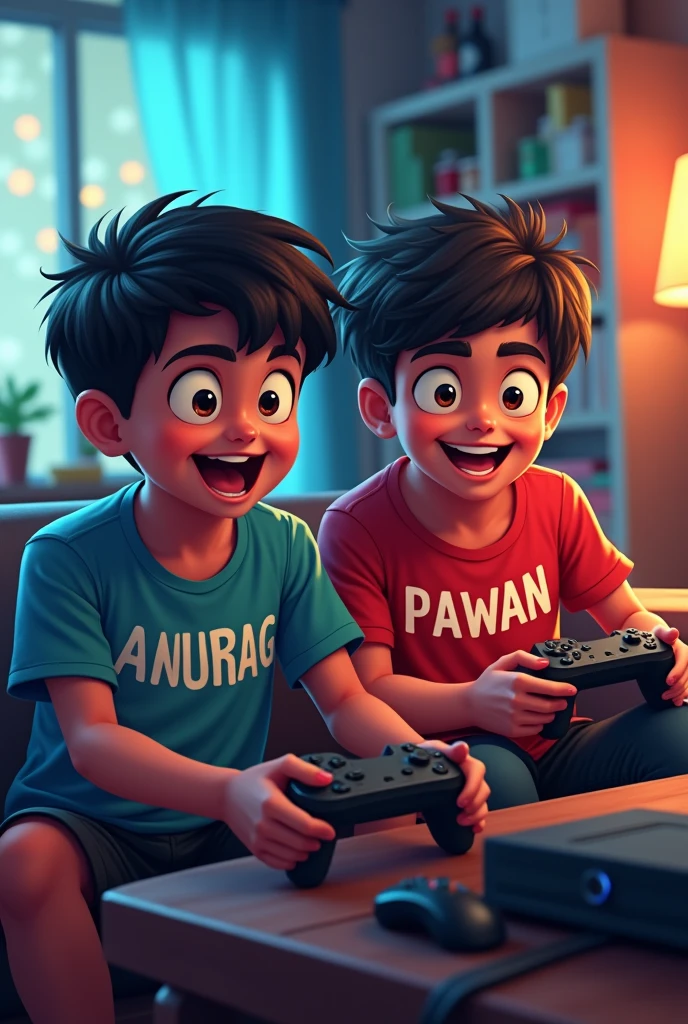 Do ladke sath baithkar game khel raha hai video game ek ka naam hai Anurag Jo uske shirt per likha hua hai dusre ka name pawan jo uske tshirt per likha hua hai