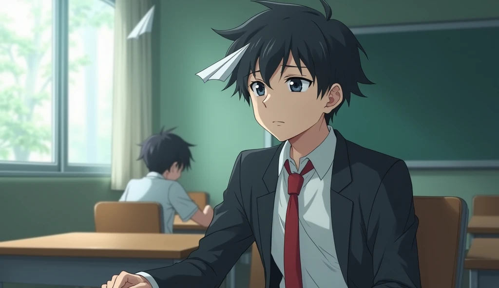 A medium shot anime-style of a male character with natural slightly messy and tousled hair, similar to the main character of the anime 'Hyōka'. He is dressed in a Japan-style school uniform He wears a black blazer as part of his school uniform, with a white t-shirt underneath, and a red tie. He is sitting in a school classroom at a table by the window side. His one hand is on his cheek and His face is expression disinterested. The background is filled with other students. With sleepy eyes , he is 1 , He weighs 50 kilograms
"He is looking out the window when a paper plane suddenly hits his forehead."
"All the students around him are having fun with their friends, but he is sitting alone."
"When he is looking outside, a paper plane is flying and circling above his head."