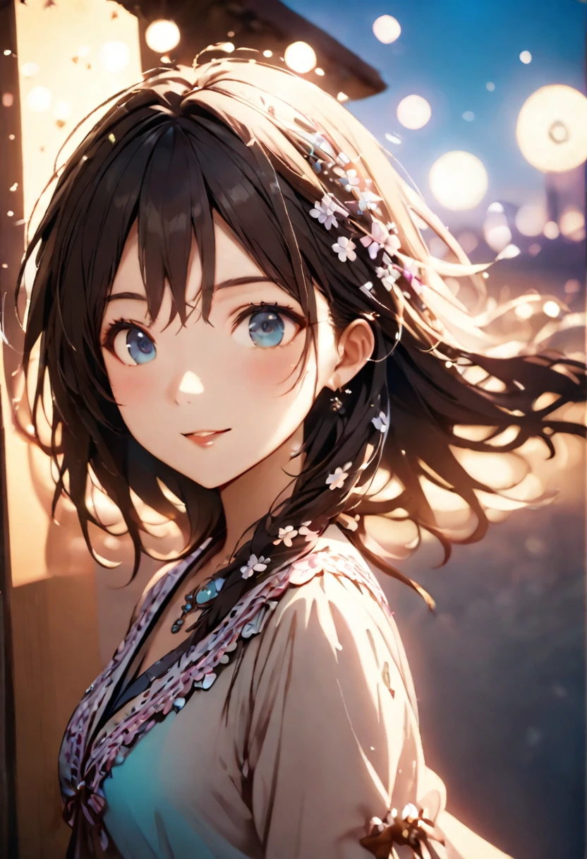 {{Highest quality}},Delicate illustration,Detailed depiction, masterpiece, Boho Eye Hinai Girl, Playful Themes,
Raw photo of a girl wearing a long shirt。Decorative details and symbols are often used。, Brown hair gently fluttering in the wind,Clear blue eyes、A gentle smile、
Long-distance shots, High Key Light, Hard Shadows, Soft bokeh, Professional photography, A balanced deal, Balanced Exposure,