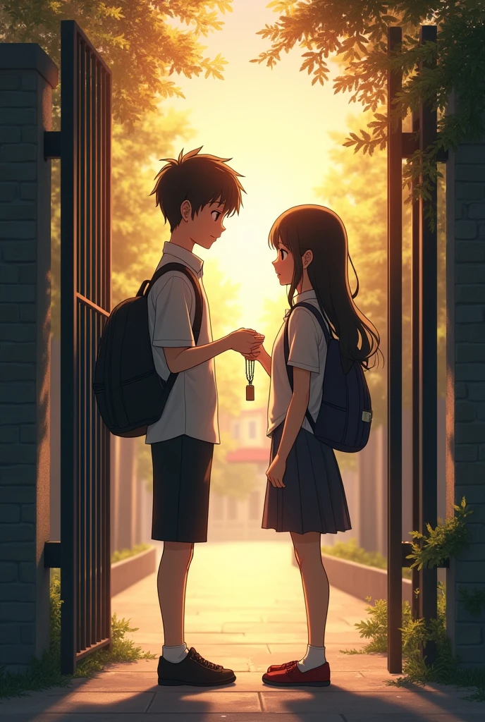 The school’s gate, with students saying goodbye. The boy and girl stand apart, their eyes filled with both hope and sadness. They exchange a small, symbolic token—a pendant or a letter.