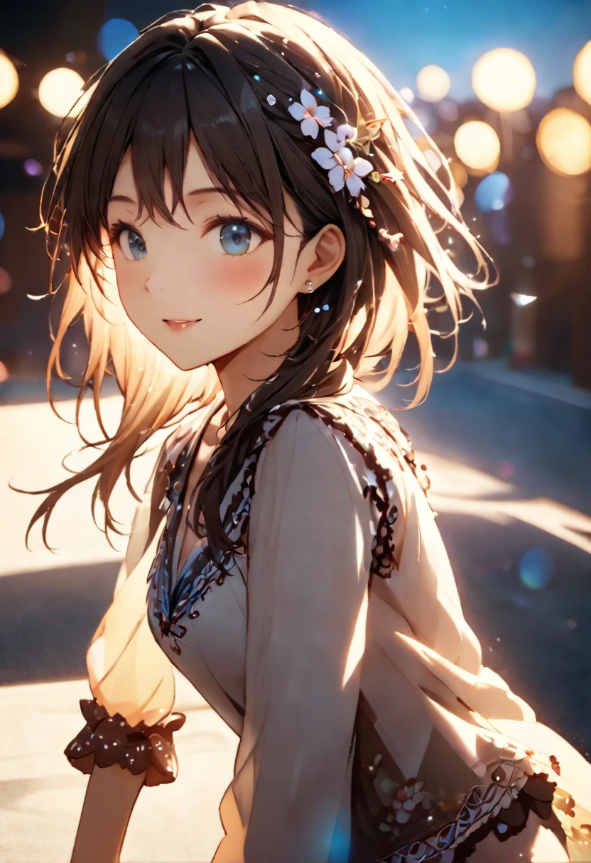 {{Highest quality}},Delicate illustration,Detailed depiction, masterpiece, Boho Eye Hinai Girl, Playful Themes,
Raw photo of a girl wearing a long shirt。Decorative details and symbols are often used。, Brown hair gently fluttering in the wind,Clear blue eyes、A gentle smile、
Long-distance shots, High Key Light, Hard Shadows, Soft bokeh, Professional photography, A balanced deal, Balanced Exposure,
