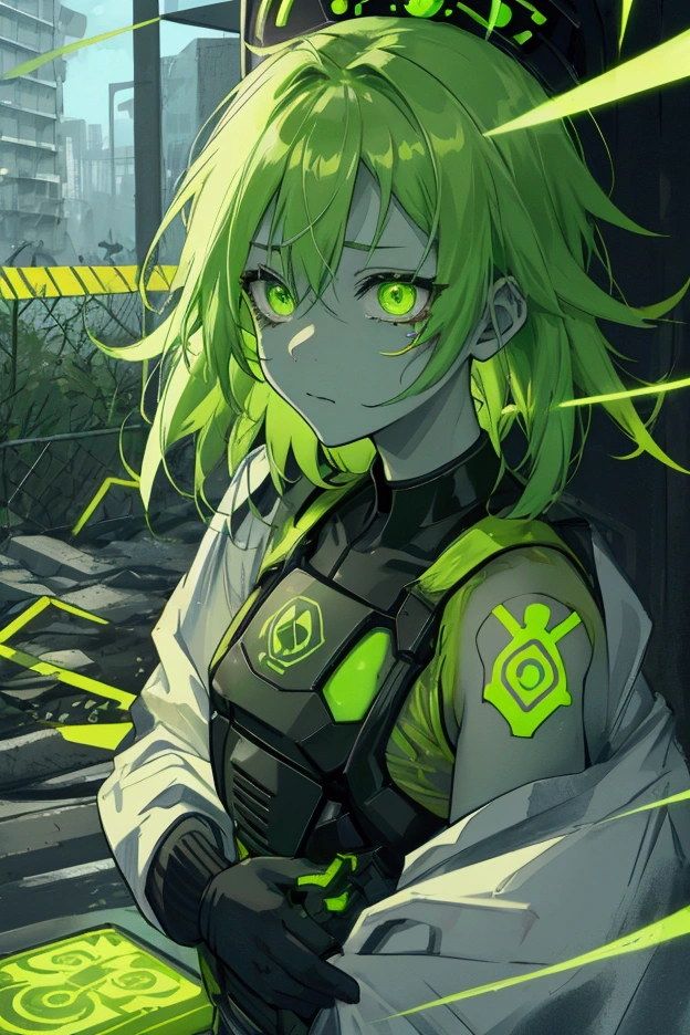 With glowing green eyes、A mutant-like character with slightly distorted skin。Her hair is contaminated with radiation and glows fluorescent green.、Hair is falling out in places。The jacket is々It&#39;s torn、A radioactive symbol is embroidered on his arm。A radiation warning sign and a broken barricade are in the background.、Creates an atmosphere of danger。