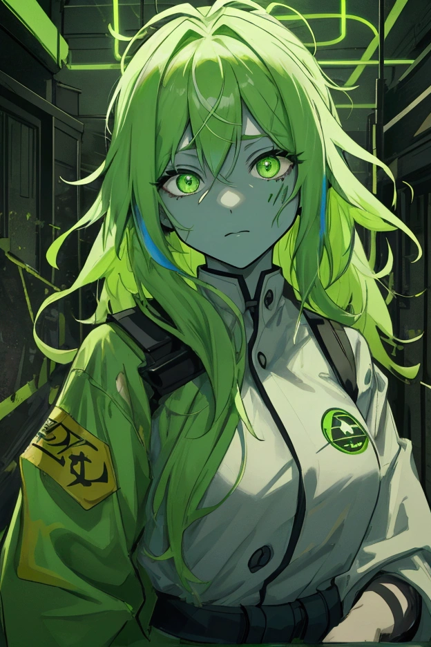 With glowing green eyes、A mutant-like character with slightly distorted skin。Her hair is contaminated with radiation and glows fluorescent green.、Hair is falling out in places。The jacket is々It's torn、A radioactive symbol is embroidered on his arm。A radiation warning sign and a broken barricade are in the background.、Creates an atmosphere of danger。