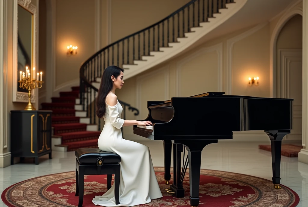 High Resolution, Masterpiece, Accurate, Best Quality, Detail, High Details, High Quality, Realistic photo. A 30 year old Indonesian wife, wearing a white dress, long dark hair, white skin, height: 155 cm, weight: 45 kg. The image shows a young woman sitting at a grand piano in a luxurious room. She is wearing a white dress and has long dark hair. The piano is black and has white keys. The woman is playing the piano with her hands and appears to be focused on the music. The room has a staircase with a black railing and a gold candelabra on the right side. The walls are painted in a light beige color and there is a large mirror on the wall. The floor is covered with a patterned rug.