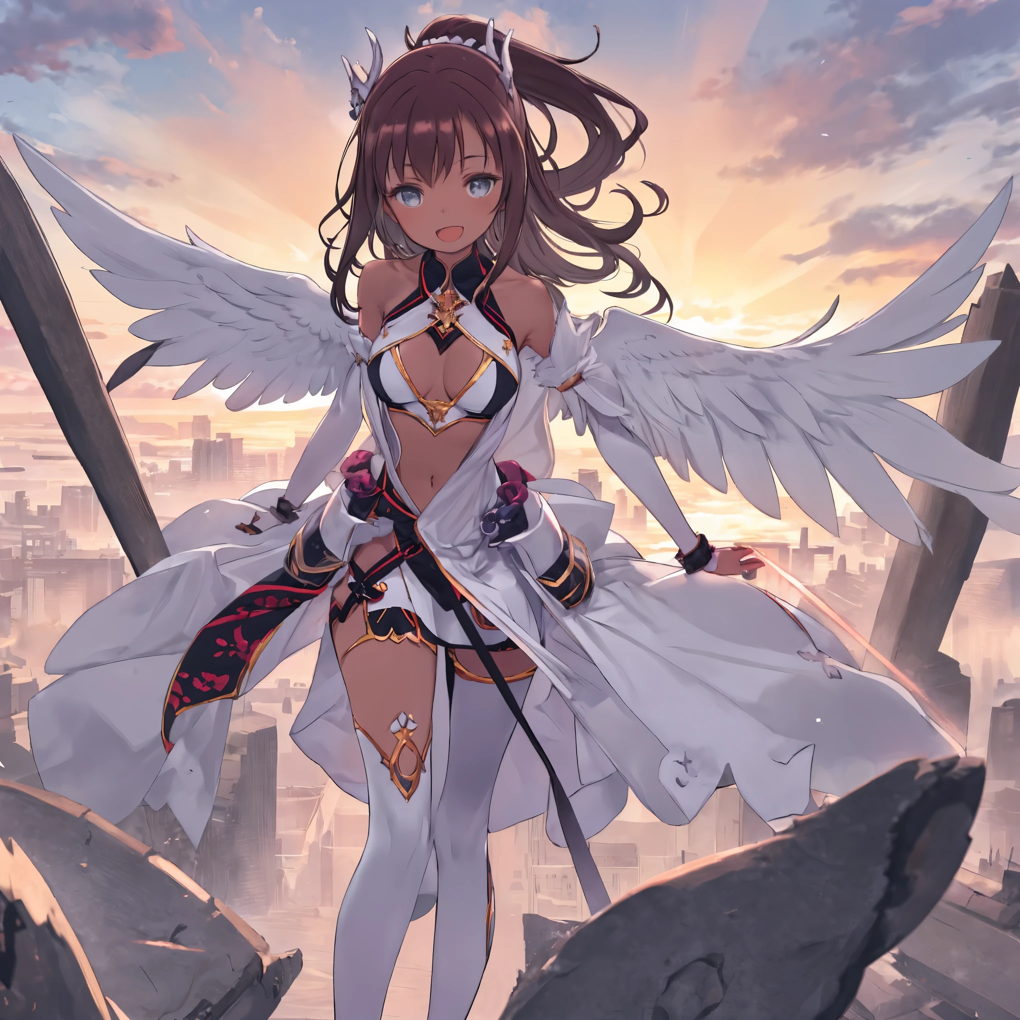 fantasy, 1angel_girl, low_, dark_brown_hair,ponytail,long_bangs, (dark_skin)+, bare_shoulder, navel out, thighhighs,silver_shiny_armor, white_wear,waist_armor, Glebe, medium_breasts, dynamic_flying_pose,Floating, (1pair_white_wings:1.2),(pelvic_curtain:1.3), silver_Headgear ,looking_down_at_sunset_city_sky_background,,slightly_spread_legs, ,solo,glare_halo,laugh ,smile,open_mouth,open_legs,open_arms,rise_knee,rise_leg,rise_thigh,rise_leg,forward_leaning_posture,apart_legs,trying_to_hug_viewer