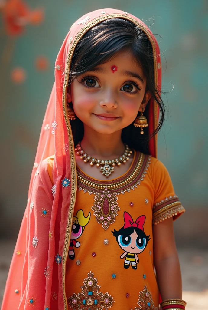 A girl wearing punjabi traditional Indian clothing with power puff girls on cloth