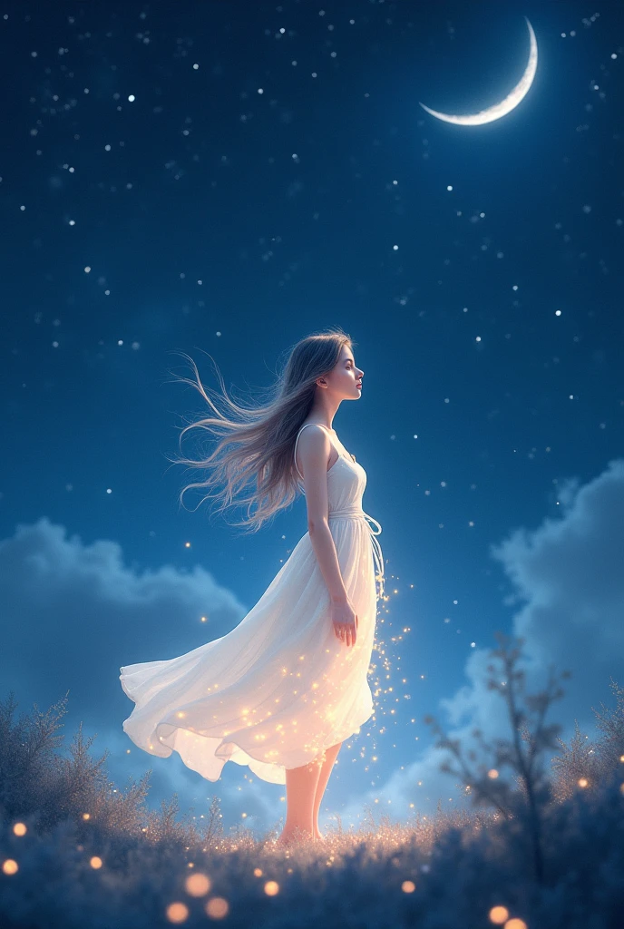 A girl is standing under the sky, moon and full of stars in the sky, night background, white dress with fairy lights accessories, elegant and windy