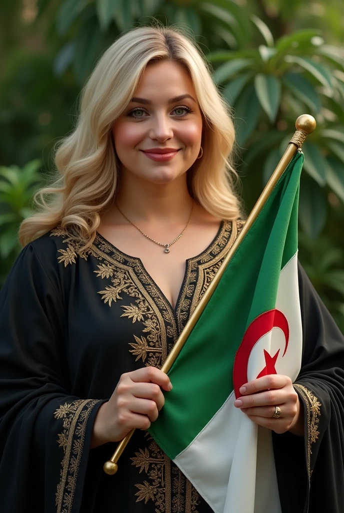 Close up, blonde, plump woman . She is wearing a black caftan decorated with gold threads embroidered with a modern and high quality technique. She is holding a detailed and precise Algerian flag in green and white, green nature background.