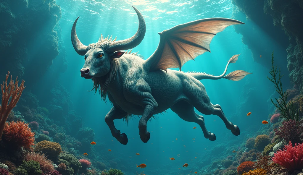 a majestic bull-headed snake-tailed fish with wings growing from its ribcage, underwater scene, (best quality,4k,8k,highres,masterpiece:1.2),ultra-detailed,(realistic,photorealistic,photo-realistic:1.37),fantastical creature,mythical beast,surreal aquatic life,dramatic lighting,vibrant colors,cinematic composition