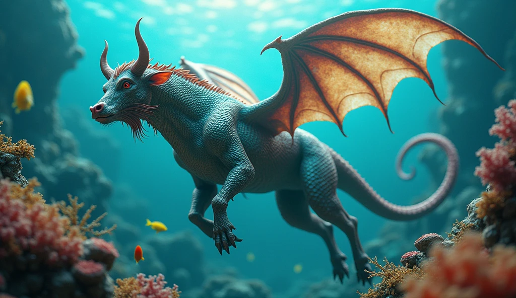 a majestic bull-headed snake-tailed fish with wings growing from its ribcage, underwater scene, (best quality,4k,8k,highres,masterpiece:1.2),ultra-detailed,(realistic,photorealistic,photo-realistic:1.37),fantastical creature,mythical beast,surreal aquatic life,dramatic lighting,vibrant colors,cinematic composition
