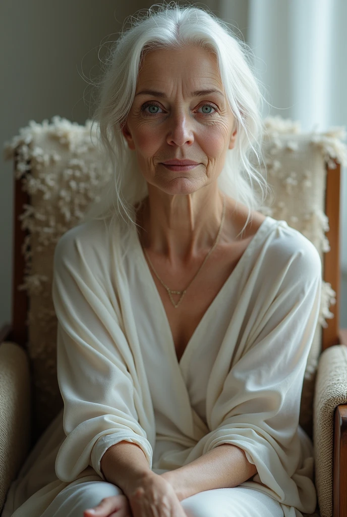 Woman with loose semi-wavy white hair sitting in a 