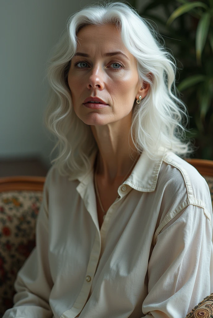 Woman with loose semi-wavy white hair sitting in a 