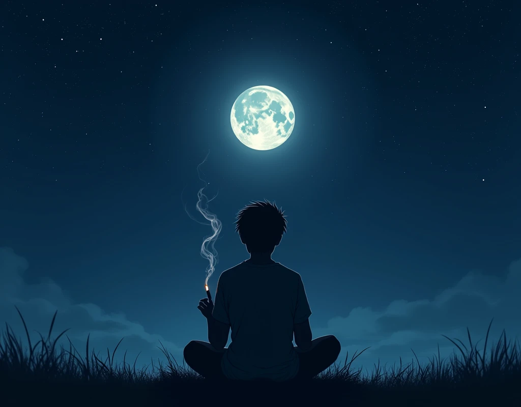 A boy smoking and looking moon at night full star sky