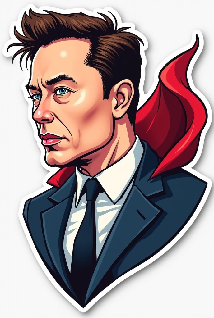 Vector image sticker art of Elon Musk in suit and tie as superman flying cartoonistic realistic face side view 