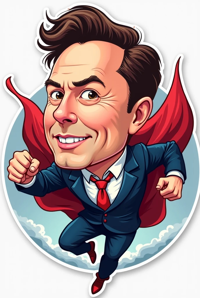 Vector image sticker art of Elon Musk in suit and tie as superman flying cartoonistic realistic face side view