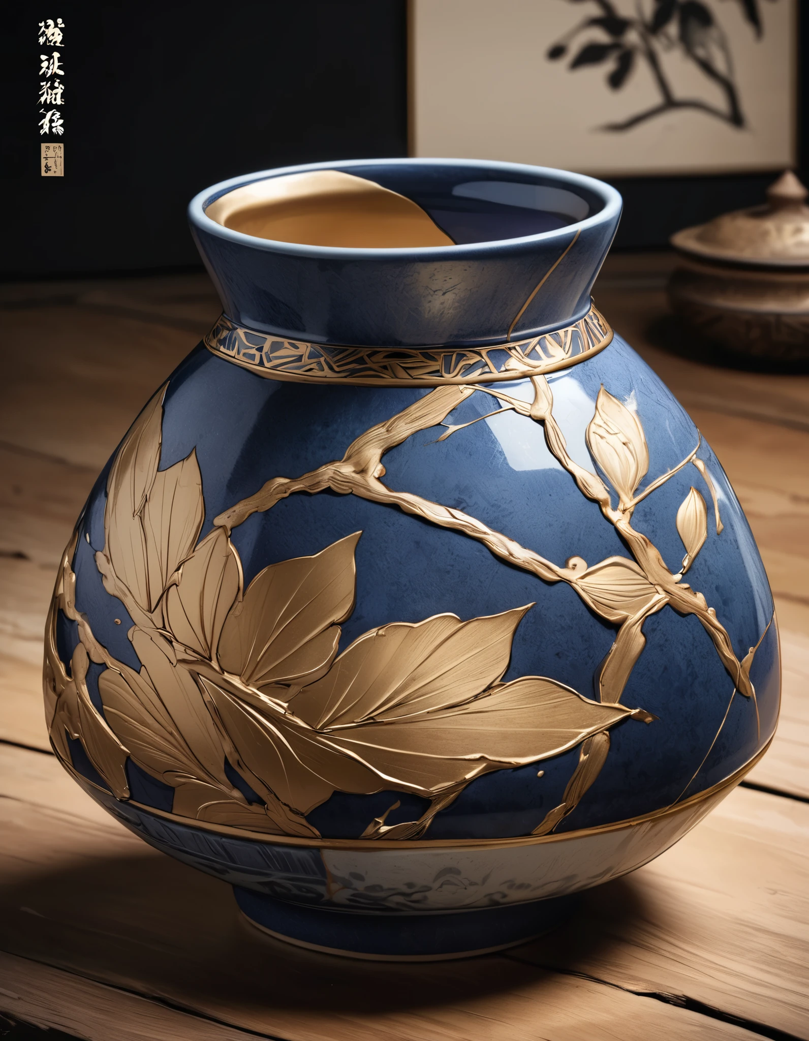 intricate ceramic pottery, wabi-sabi aesthetic, understated elegance, strong sense of depth, kintsugi repairs, supreme craftsmanship, masterpiece by a living national treasure, random shot