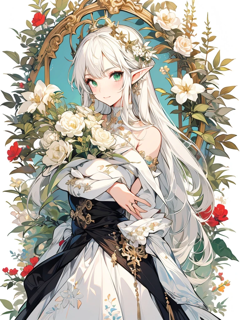masterpiece, best quality, 1girl, ultra detailed, ultra highres, well-definded facial features, anatomically correct, cute girl, long pointy ears, elf, nice face,white hair, green eyes,hugging bouquet,