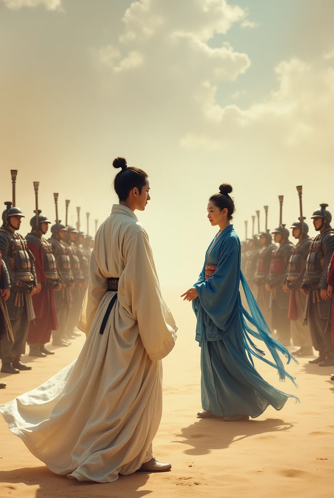 In ancient China, the Tang Dynasty, a young man in a long white robe stands waiting to welcome an ancient Japanese woman in a blue kimono. Two people stand on a desert square with samurai soldiers standing in a circle. The atmosphere of the wind blowing the sand.  