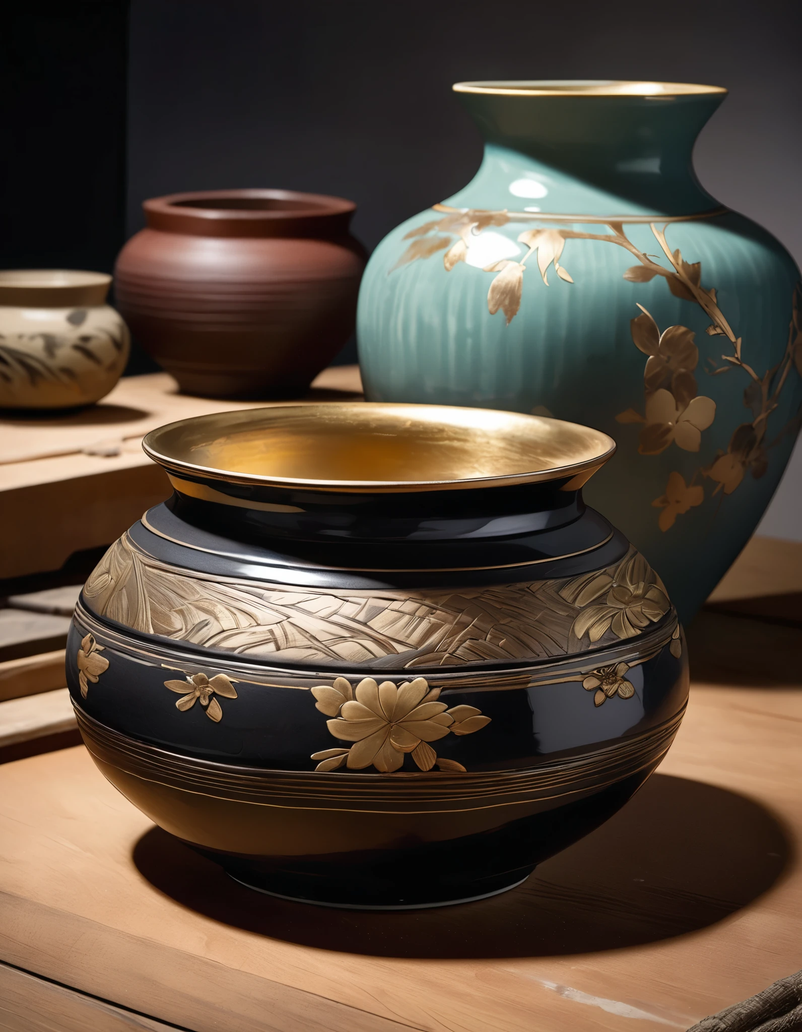 Pottery Photos, Lacquered pottery, A taste of wabi-sabi, A simple aesthetic, Three-dimensional, Gold repair, First-class quality, Works by Living National Treasures, Random Shot