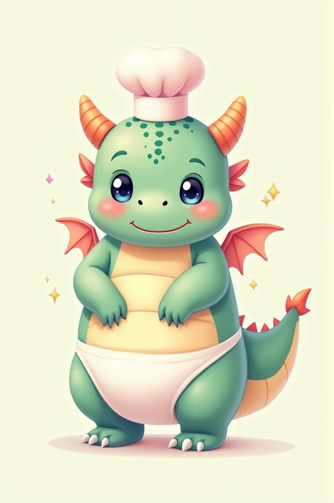 cute and chubby dragon in kawaii style wearing a diaper and a small chef's hat on its head. The dragon has big, sparkling eyes, tiny wings, and a rounded, plump body. It has a friendly and playful expression. The dragon is depicted in two views: front view and side view. The colors are pastel, such as light green, pink, and blue, with the diaper in white and the chef's hat in light pink.