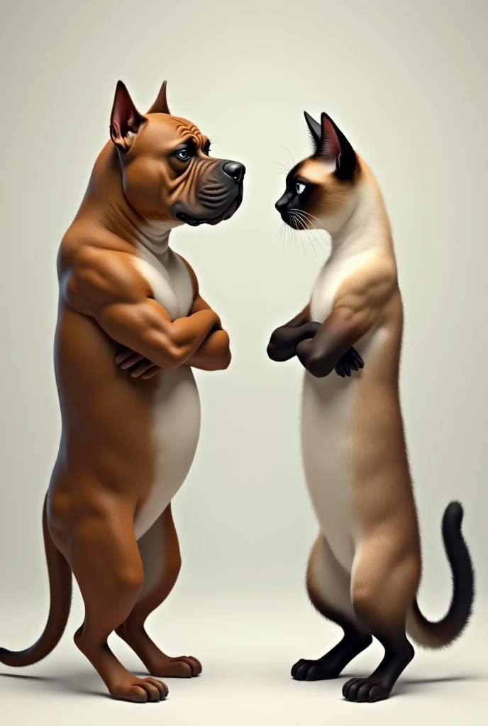 Raise a pitbull dog and a siamese cat standing up . Arms crossed and backs to each other. 
Both of them have a frown on their face..
