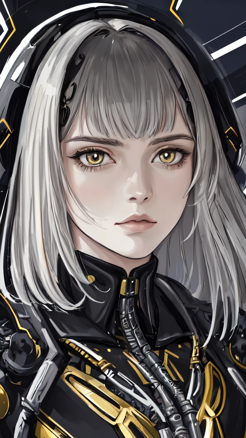 A digital portrait of a futuristic woman with wired, flowing locks in a sleek bob with bangs. She is adorned in a black and gold metallic suit intricately detailed with mechanical components like wires and cables. Her head is slightly tilted, revealing highly complex robotic pupils gazing into the distance with a sharp intensity. The setting is a realistic and intricate laboratory, colored dark gray, exuding a mysterious and futuristic aura. The color scheme predominantly features black, gold, and silver with hints of fire and electricity, enhancing the overall futuristic vibe of the artwork.