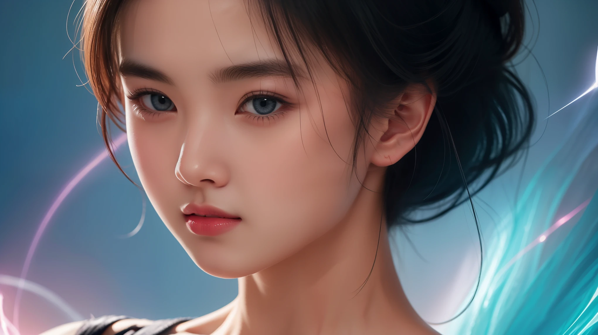 "Experience the stunning beauty of a 16k masterpiece, every detail meticulously rendered in the highest resolution. Bright pastel colors dance across the canvas, drawing your eye to the teenage girl with black hair and innocent eyes. She stands in great detail, her energy radiating a mesmerizing blue aura against the dark scene."