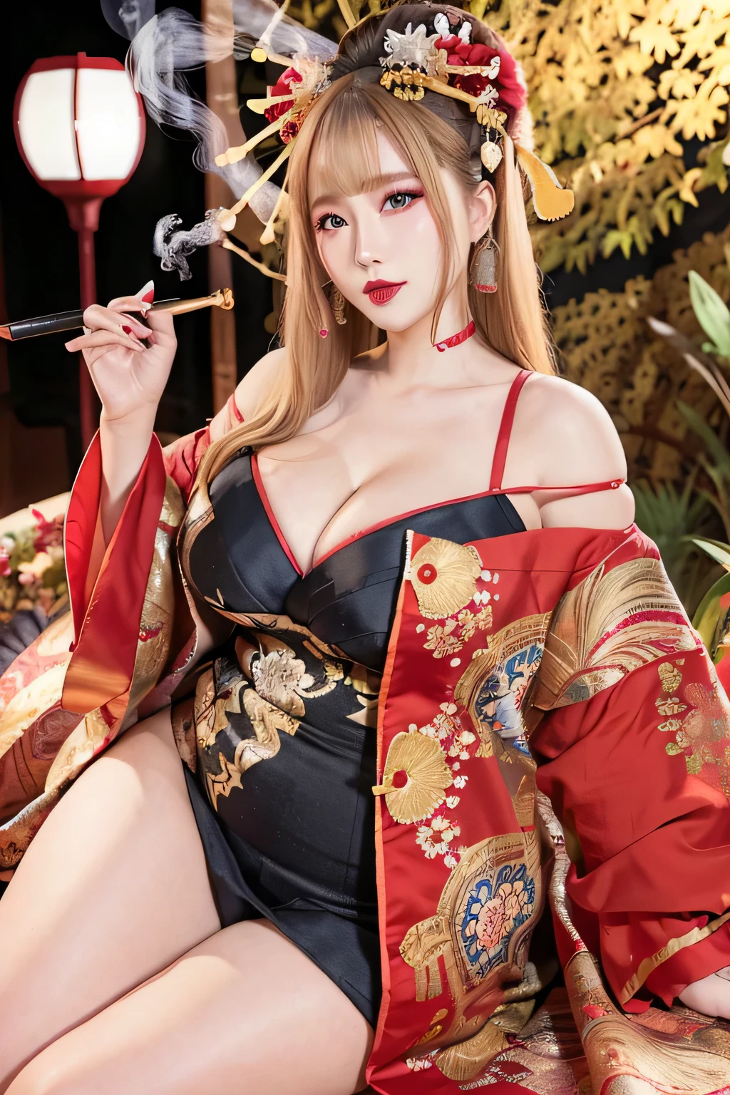 Super fat woman、blue eyes、White female courtesan、（（height: 182cm）Plus Size Model））、smile、functional、3 Women、elegant、thick、a healthy woman、smile、（Blonde courtesan）、strap、Long blonde curls blowing in the wind、Dynamite Body、Thick and big body 1.2、Big Breasts、Full screen、thick thigh、Genuine、high quality 8k、High resolution、perfection、Highest quality、Night view、Bokeh Ball、Red lips、sit、High heels、(Smoke pipe)、Attractive legs