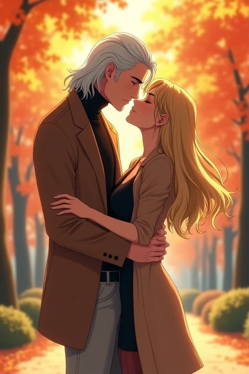 I would like to get an image of an anime-style couple consisting of an adult man with long platinum hair, wearing a black turtleneck sweater, a brown cashmere coat, light jeans, kissing a young incredibly beautiful woman with long golden hair and in a tight black dress and a light brown short coat, who hugs him for the neck. Autumn Park. In full growth.