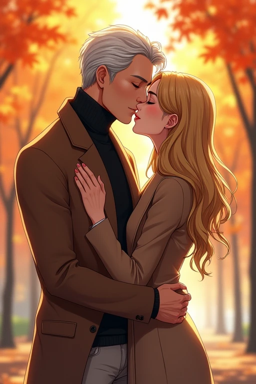 I would like to get an image of an anime-style couple consisting of an adult man with long platinum hair, wearing a black turtleneck sweater, a brown cashmere coat, light jeans, kissing a young incredibly beautiful woman with long golden hair and in a tight black dress and a light brown short coat, who hugs him for the neck. Autumn Park. In full growth.