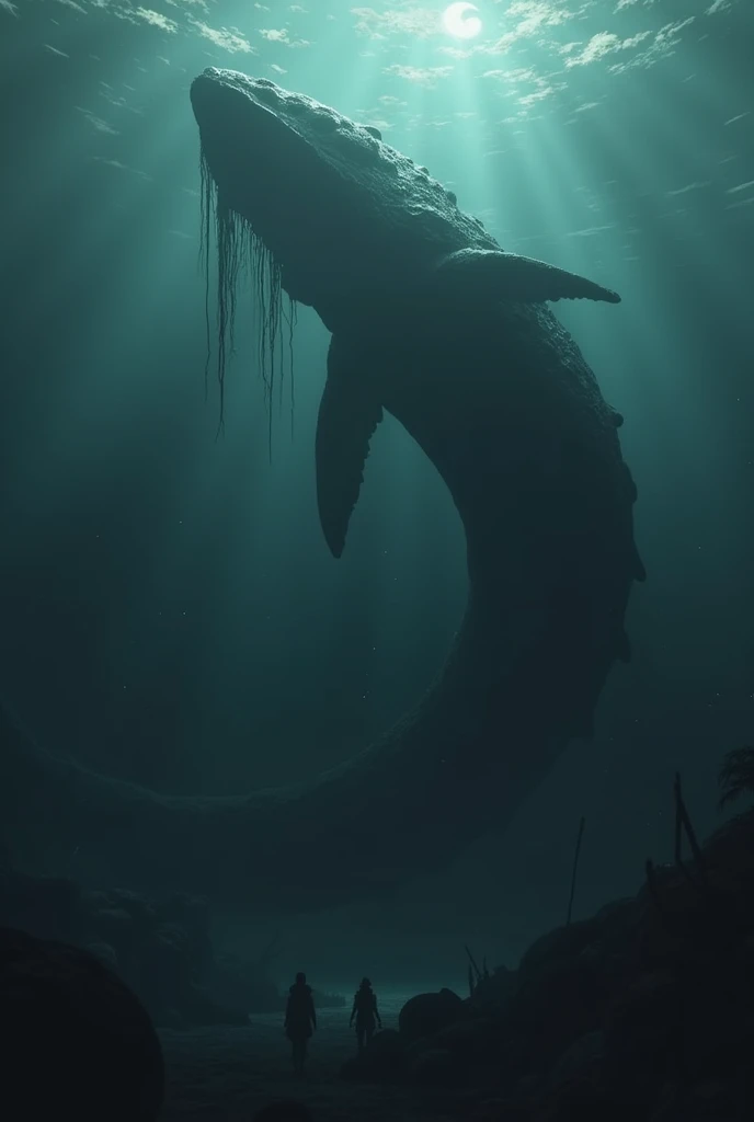 Unreal Engine, Octane Rendering,Draw giant creatures, A mysterious sea creature called 'Eclipse Leviathan'.'The creature is over 100 metres long., Its body is dark, It is made up of shadowy substances that absorb light., Virtually invisible in direct sunlight. Drawing Leviathan emerging from the deep sea, Shrouded in darkness even during the day, A faint light reflects off its nearly invisible form.. The creature is creepy, Undefined Shape, It resembles a mix between a giant snake and a whale., Shadow tentacles dangling from its body. The sea around it looks ominous and creepy, Sunken ships and deep-sea creatures flicker in the background., Increased fear"