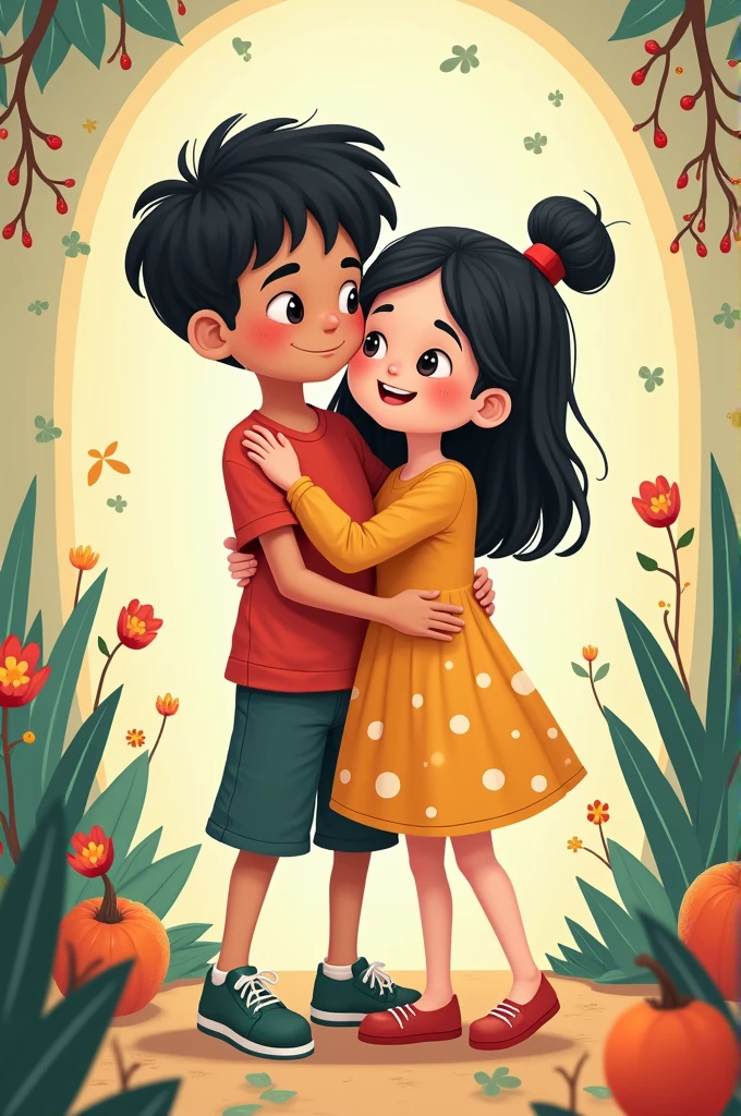 Create a cartoon-type image of a thin, light-skinned boy hugging a somewhat chubby, black-haired white girl.
