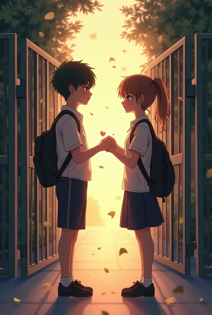 The school’s gate, with students saying goodbye. The boy and girl stand apart, their eyes filled with both hope and sadness. They exchange a small, symbolic token—a pendant or a letter.