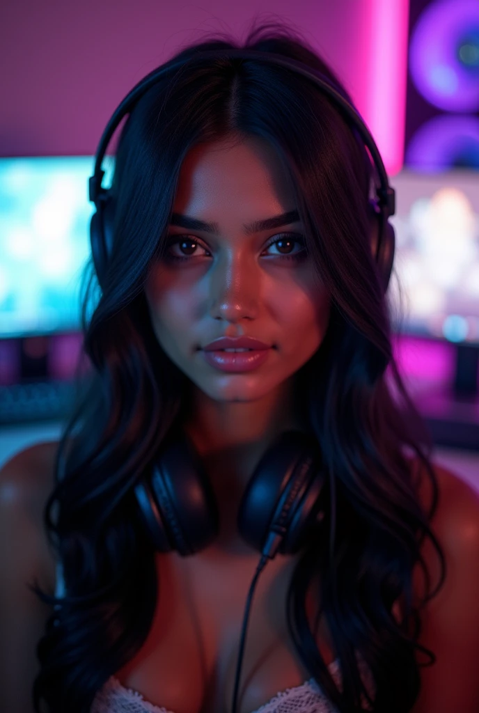 A full body shot portrait of an Indian woman gazing alluringly at the camera, showcasing her long, silky black hair and enchanting dark eyes, wearing a cool Top, and a cool gaming setup in the background, illuminated by RGB lights, with her wearing sleek headphones, captured in 8K HDR, highly detailed, realistic image emphasizing her confident, vibrant spirit in a modern gaming environment
