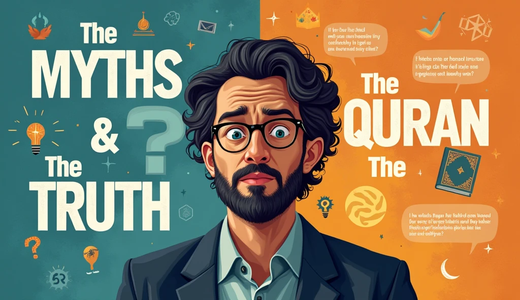 For an engaging and attractive thumbnail, consider these elements:
1. **Title Text**: Use bold and clear text like "Islamic Myths vs. Truth" and "The Reality of the Quran." Ensure the font is large and legible, even on smaller screens.
2. **Visuals**: Include a split design with one side showing common misconceptions (e.g., a negative image or icon) and the other side showing the truth (e.g., positive symbols or relevant Quranic verses).
3. **Colors**: Use contrasting colors to make the text and images stand out. Bright colors for the truth side and more muted tones for myths can be effective.
4. **Faces**: If possible, add a person’s face (perhaps you or a knowledgeable figure) with an expression of curiosity or concern to draw viewers’ attention.
5. **Icons**: Use recognizable icons like a question mark or a light bulb for myths, and a checkmark or Quran for the truth.
By combining these elements, you create a visually appealing and informative thumbnail that attracts viewers and clearly conveys the video's content. Make islamic
