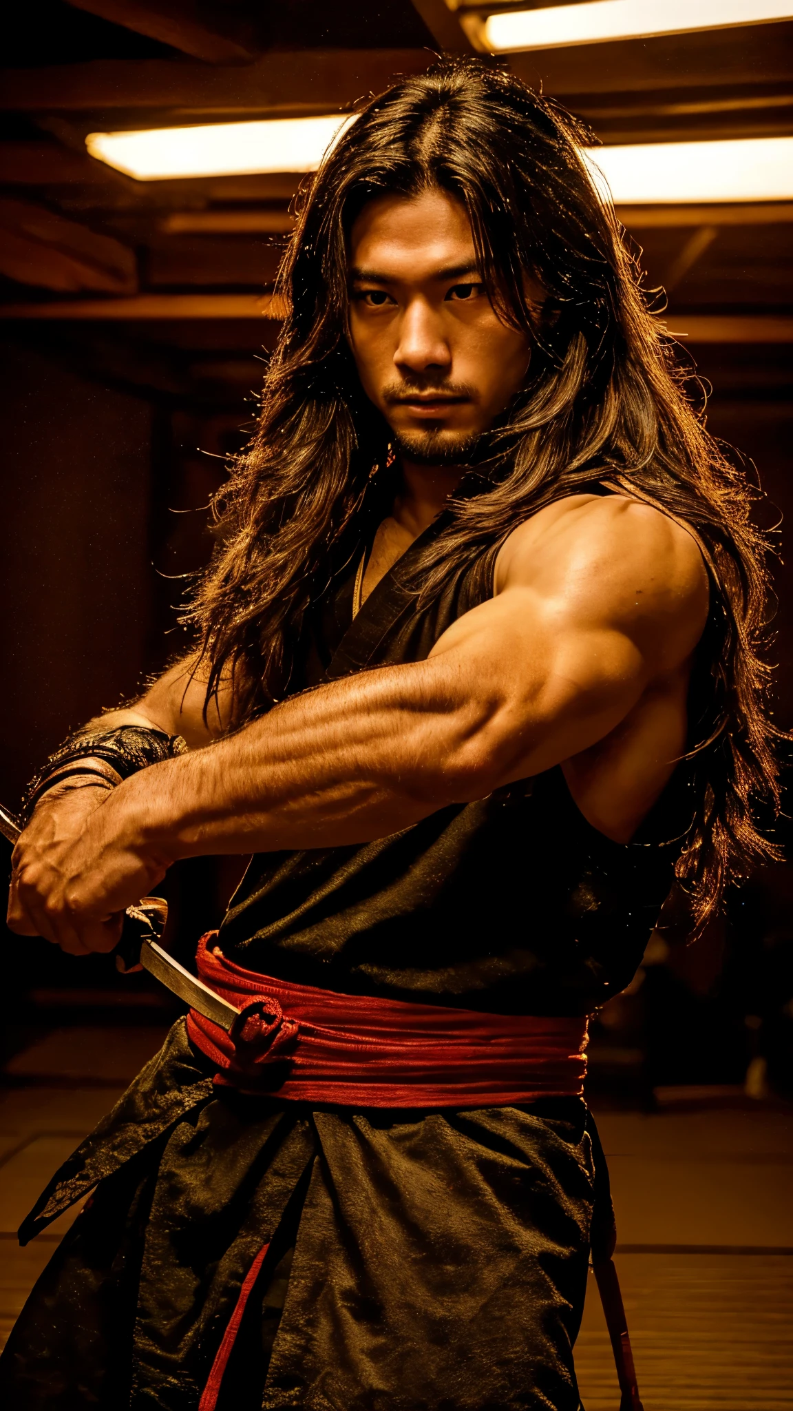 Young Samurai, Please stretch your arms out in front of you, Hold a sword in each hand, Accurate arm and hand detailing, Realist:1.3,( fPhoto, Realist, 8k, RAW Photos, Premium Quality, masterpiece, Great lighting, Centered Images), (Dynamic Movement, Dynamic Fighting,), (2 Knives), Fight with two swords, whole body, (Disheveled brown long hair), (Handsome Japanese young man, 1, Be confident、Trained muscles., Wildman and his body in perfect detail), View your viewers, cyber punk, Warrior, Tokyo, Shibuya Ward,
